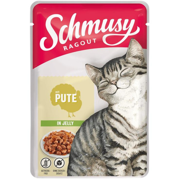 Beutel Katzen-Nassfutter Schmusy Ragout mit Pute in Jelly 100 Gramm