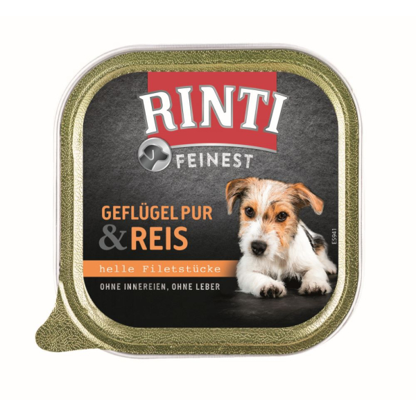 Schale Hunde-Nassfutter Rinti Feinest Geflügel Pur & Reis 150 Gramm