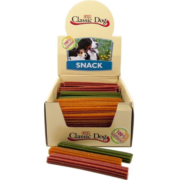 Karton Hunde-Snack Classic Dog Snack Kaustange glutenfrei Medium 17cm in natur, rot oder grün